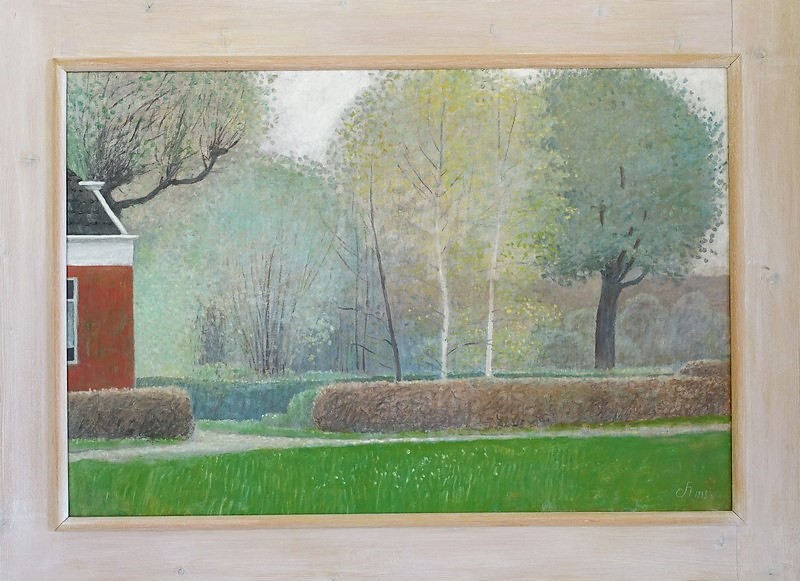 Schiilderij van Hilmar Schäfer 809 Tuin met twee berkebomen in Groningen