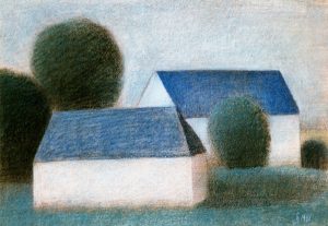 Afbeelding van tekening van Hilmar Schäfer in kleurpotlood van 2 huizen in wit en blauw uit 1986