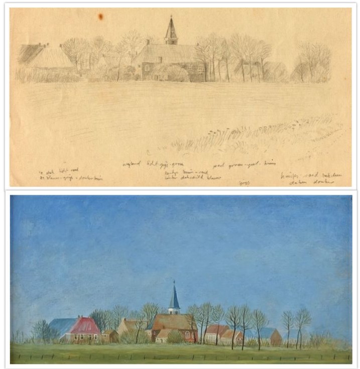 Schets van schilderij 48 Kerkje Annerveenschekanaal getekend door Hilmar Schäfer