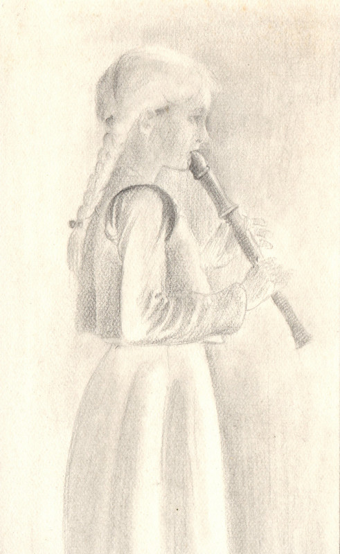 Tekening met potlood van Hilmar Schäfer van één van zijn dochters dat blokfluit speelt.