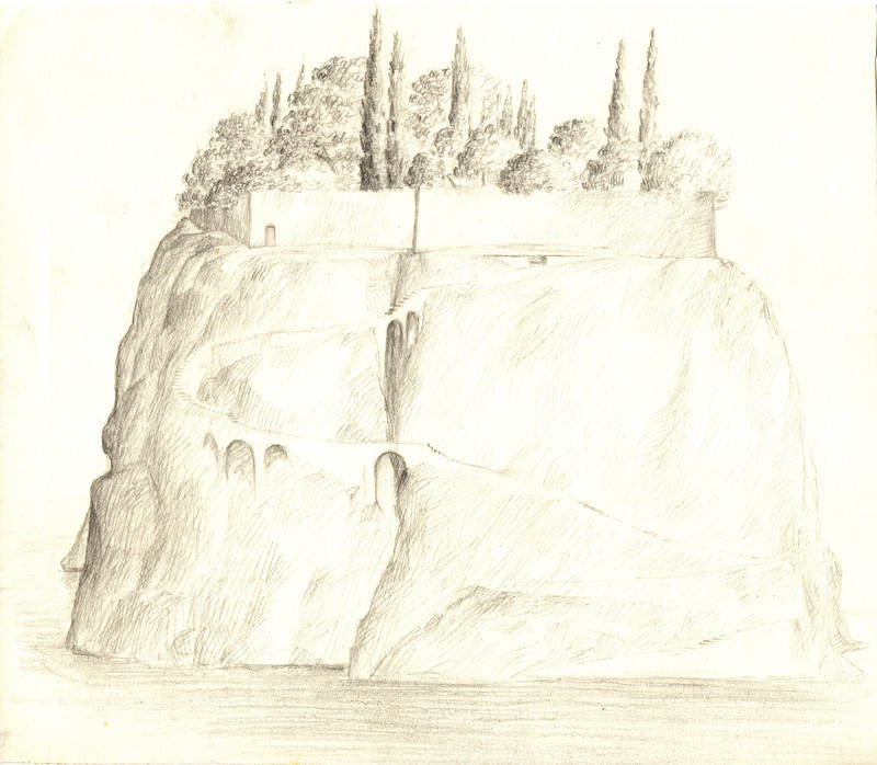 Schets van een eiland als berg in een zee waarvan de top bebouwd getekend door Hilmar Schäfer