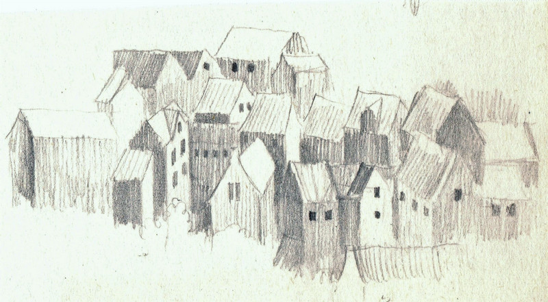 Schets van een klein dorp vol huisjes getekend door Hilmar Schäfer