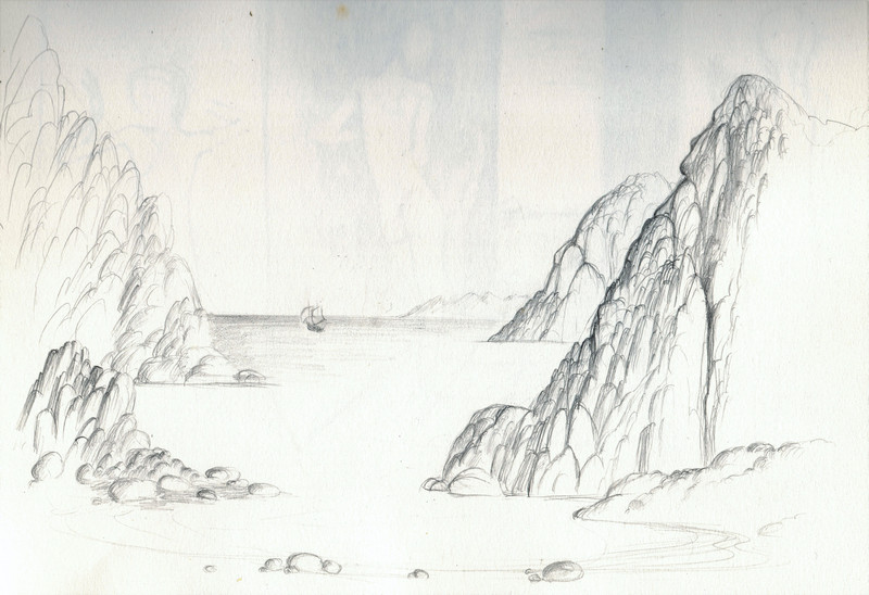 Schets van de zee tussen de bergen getekend door Hilmar Schäfer