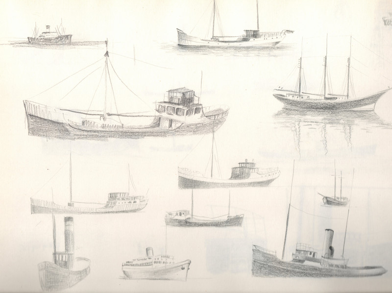 Een schets van verschillende boten getekend door Hilmar Schäfer