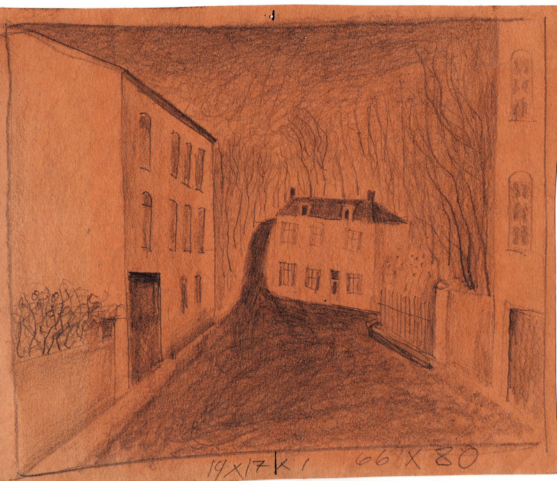 Schets van Hilmar Schäfer van een straat met huizen in Frankrijk getekend.