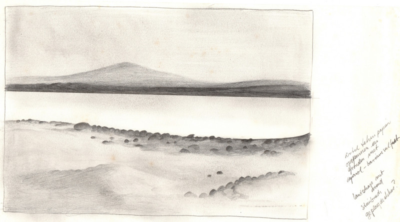 Schets van een landschap met water en bergen getekend door Hilmar Schäfer