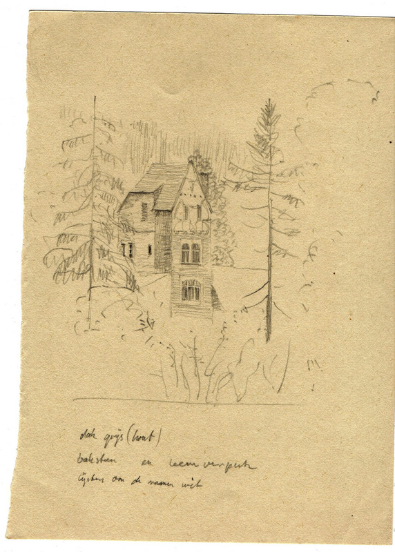 Schets van een grote vrijstaande villa getekend door Hilmar Schäfer