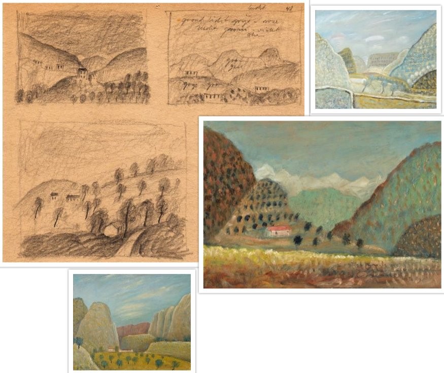 Schetsen van de werken 2001 en 2058 Berg en 1024 Landschap van Hilmar Schäfer