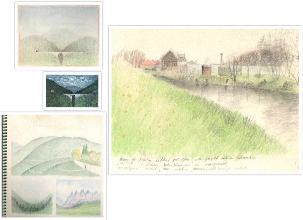 Kleuren schetsen van Landschappen getekend door Hilmar Schäfer