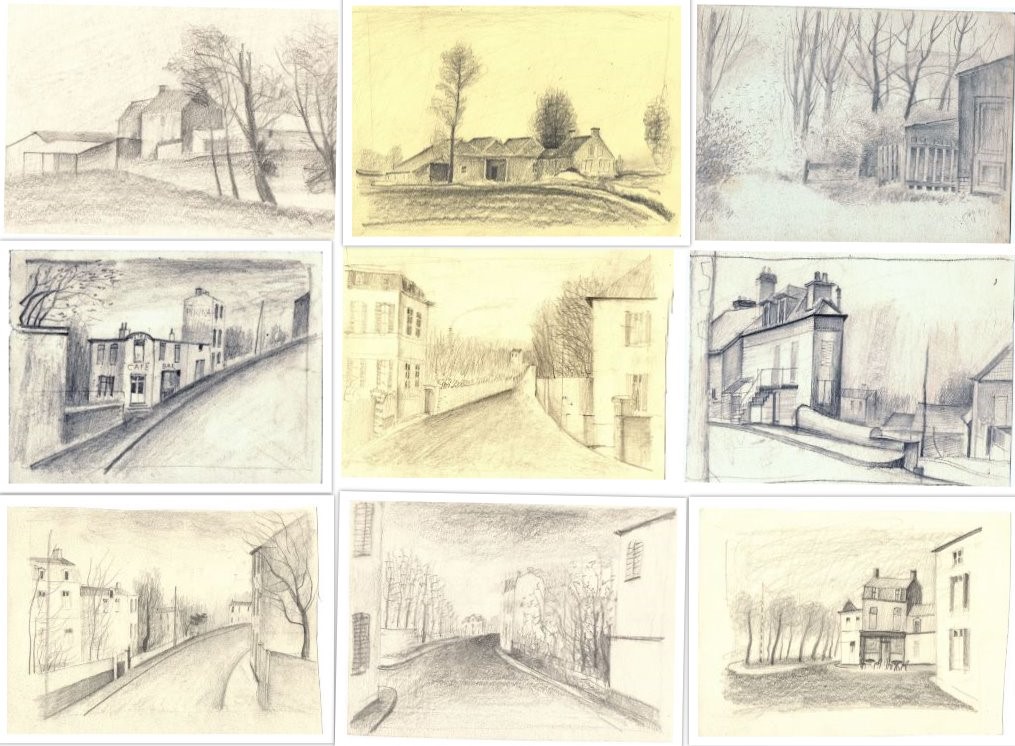 Verschillende kleine schetsen van schuren en huizen getekend door Hilmar Schäfer .