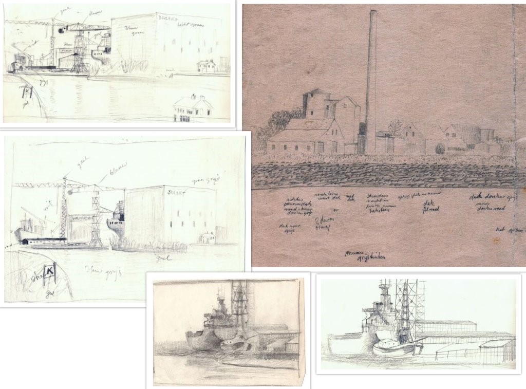 Schets van havens en boten in Nederland, door Hilmar Schäfer getekend.