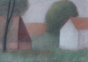 Kleurpotlood tekening 493 Wit huis met verwilderde tuin van Hilmar Schäfer uit 1986.