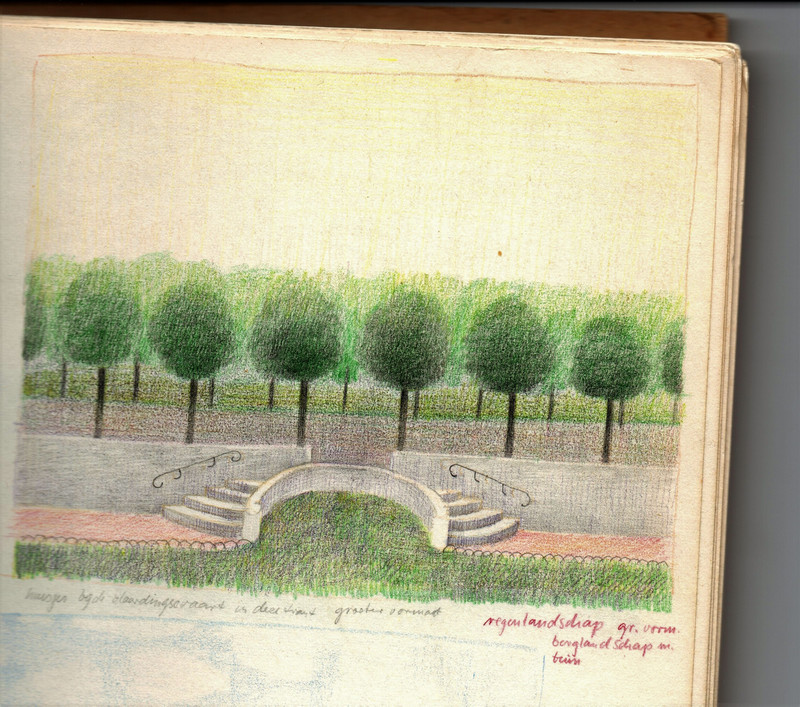 Foto van één van de vele schetsboeken van Himar Schäfer opgeslagen met een tekening in kleur van een trap en bomen. 